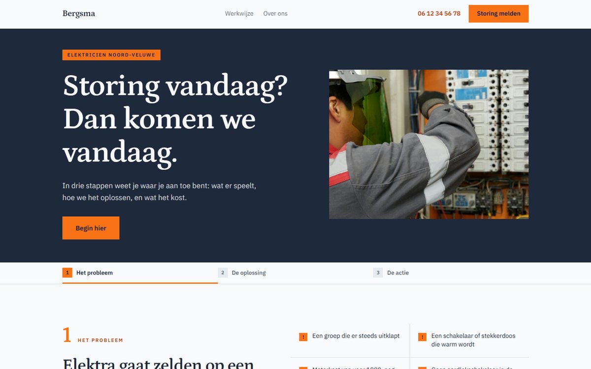 Screenshot van de voorbeeldsite voor Elektrotechniek Bergsma