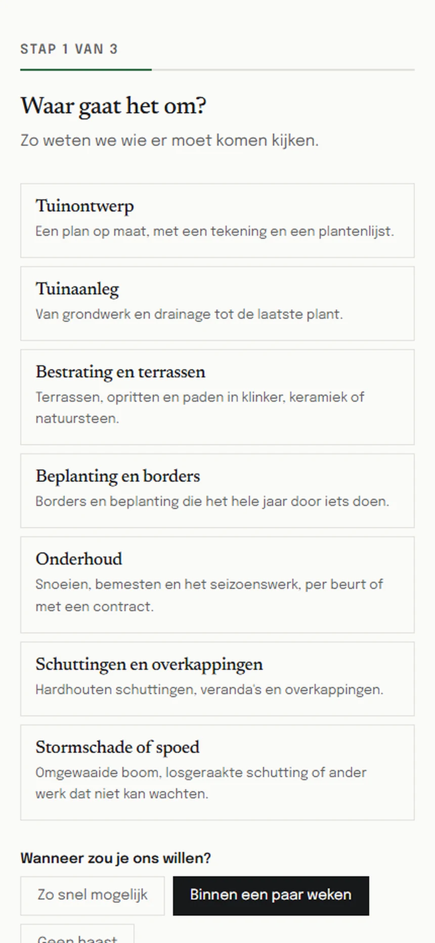 De eerste stap van het aanvraagformulier zoals een klant het op zijn telefoon ziet